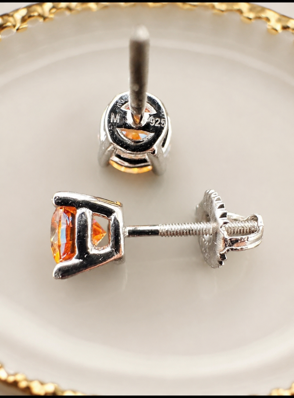 Orange Moissanite 925 Sterling Silver Stud Earrings 3mm - 8mm Screw Backs