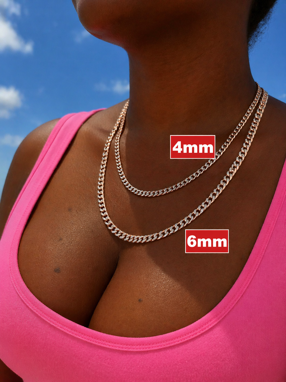 Two Tone Diamond Cut FLAT Curb Cuban Chains 14k Rose Gold Finish & Solid 925 Sterling Silver 3mm to 10.5mm