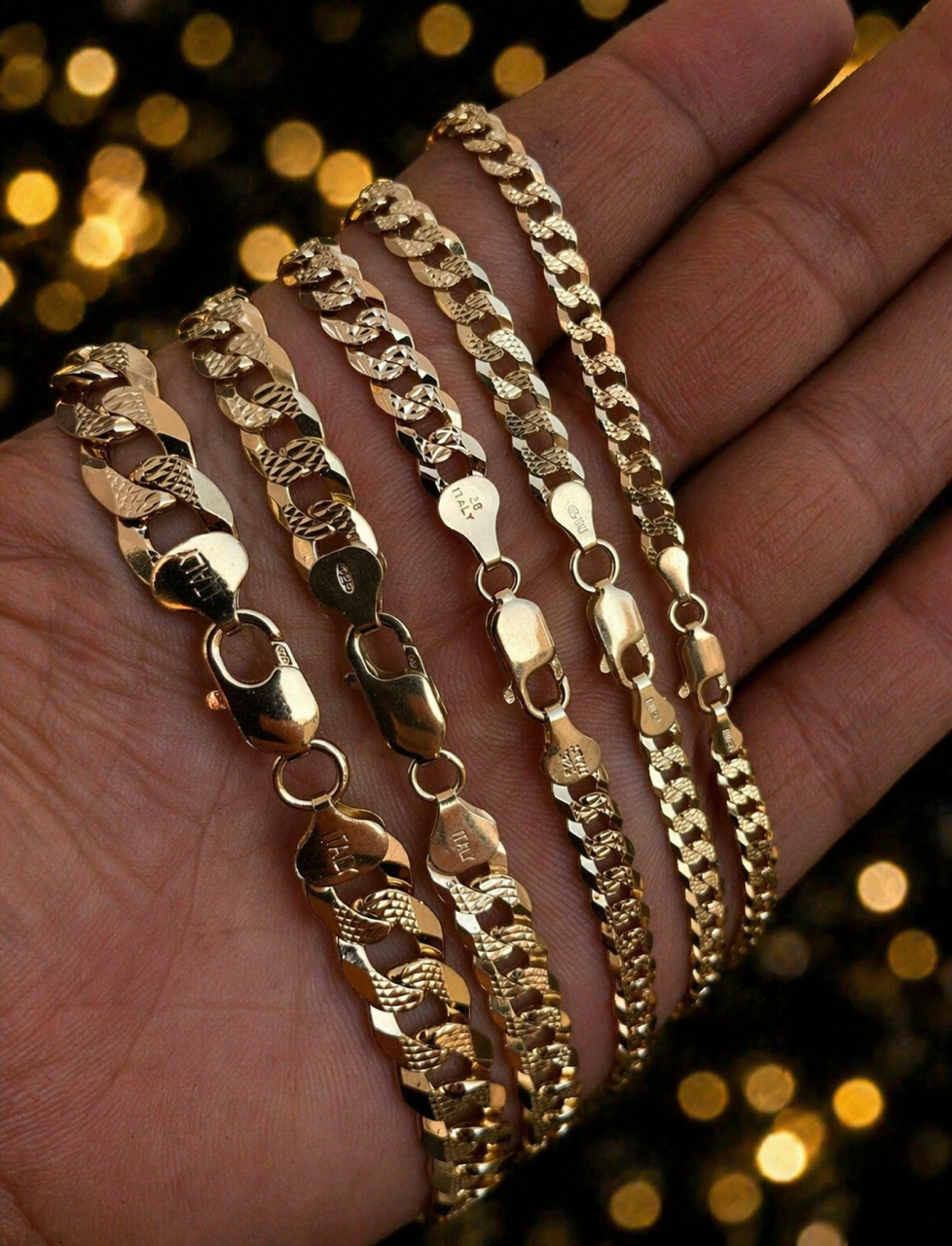 Diamond Cut FLAT Curb Cuban Chains 14k Gold Finish over Solid 925 Sterling Silver 3mm to 10.5mm