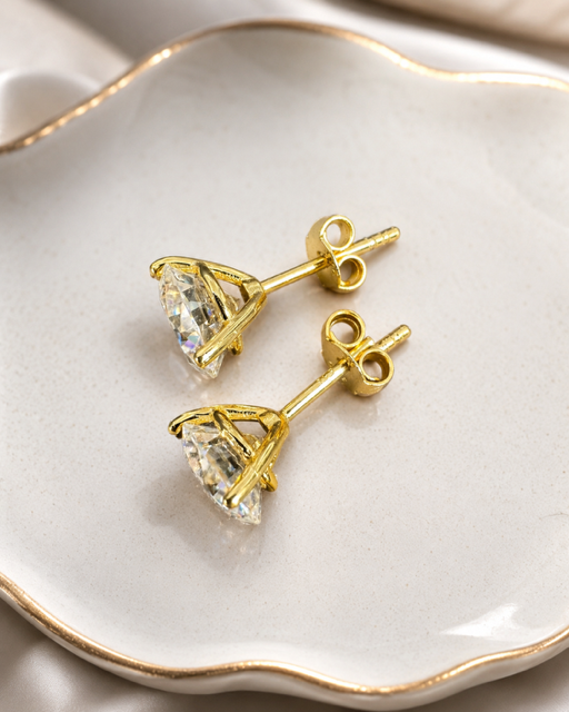 Gold Over Sterling Silver Moissanite 3 Prong Martini Set Solitaire Stud Earrings 3mm to 10mm PUSH BACKS