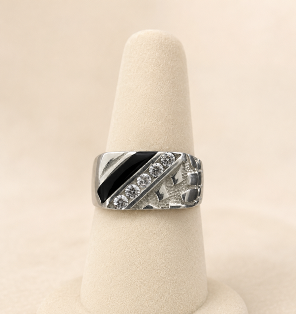 Classic Black Nugget Ring Design (925 Sterling Silver with CZ Stone Accents)