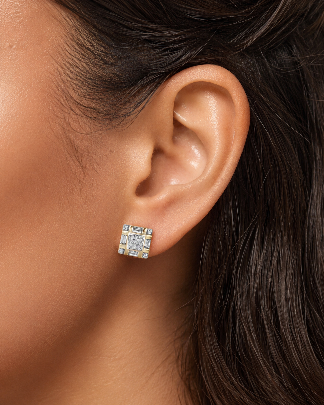 Two Tone Checkered Baguette CZ Square Earrings