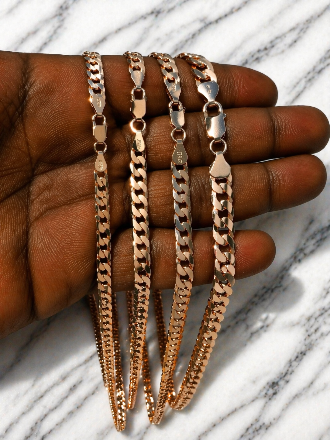 FLAT Curb Cuban Chains 14k Rose Gold Finish over Solid 925 Sterling Silver 3mm to 8mm