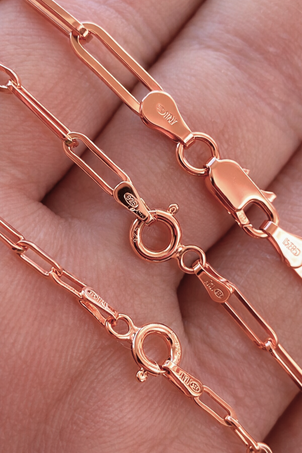 14k Rose Gold Over Solid 925 Sterling Silver Paper Clip Necklace 2.5mm, 3mm, 4mm