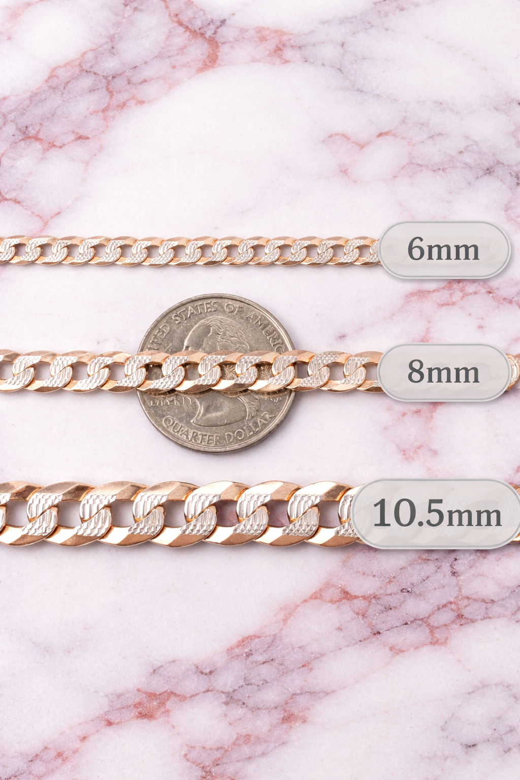 Two Tone FLAT Curb Cuban Bracelets 14k Rose Gold Finish over Solid 925 Sterling Silver 3mm to 10.5mm