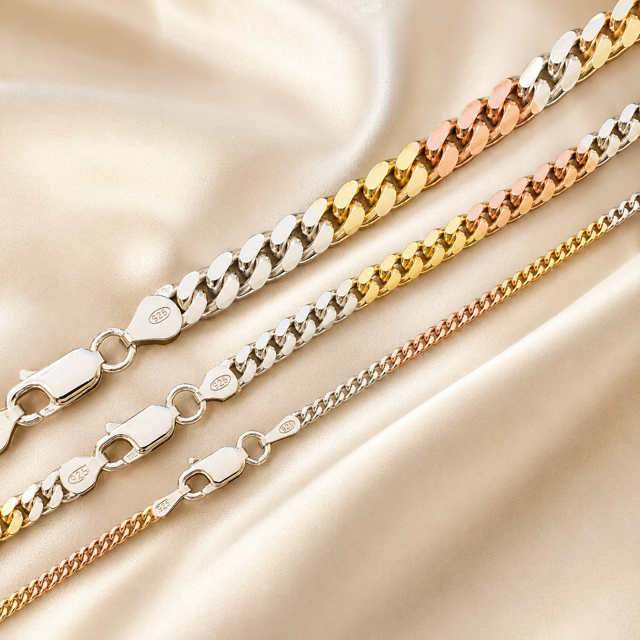 Tri-Color Miami Cuban Chains 14k Gold/Rose Gold Finish over 925 Sterling Silver