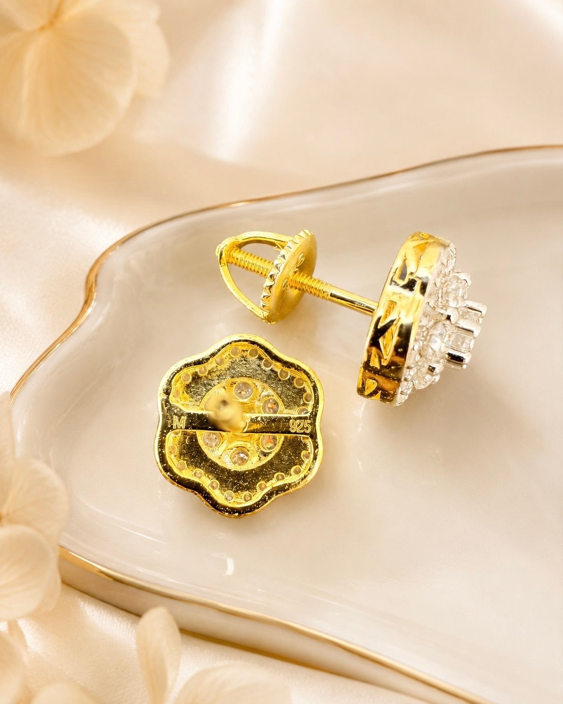 14k Gold Vermeil Over 925 Sterling Silver Moissanite Floral Cluster Stud Earrings 7.5mm - 11mm