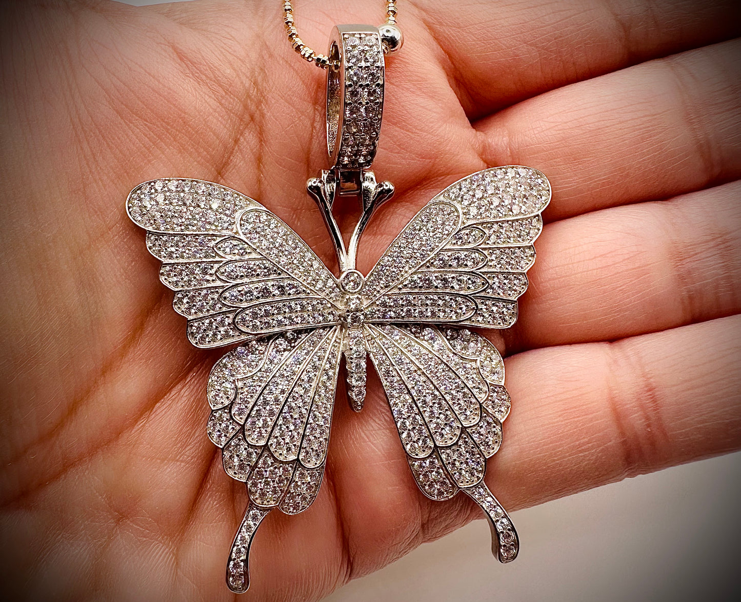 Medium-Sized Iced Out Butterfly Pendant – Gold or Silver