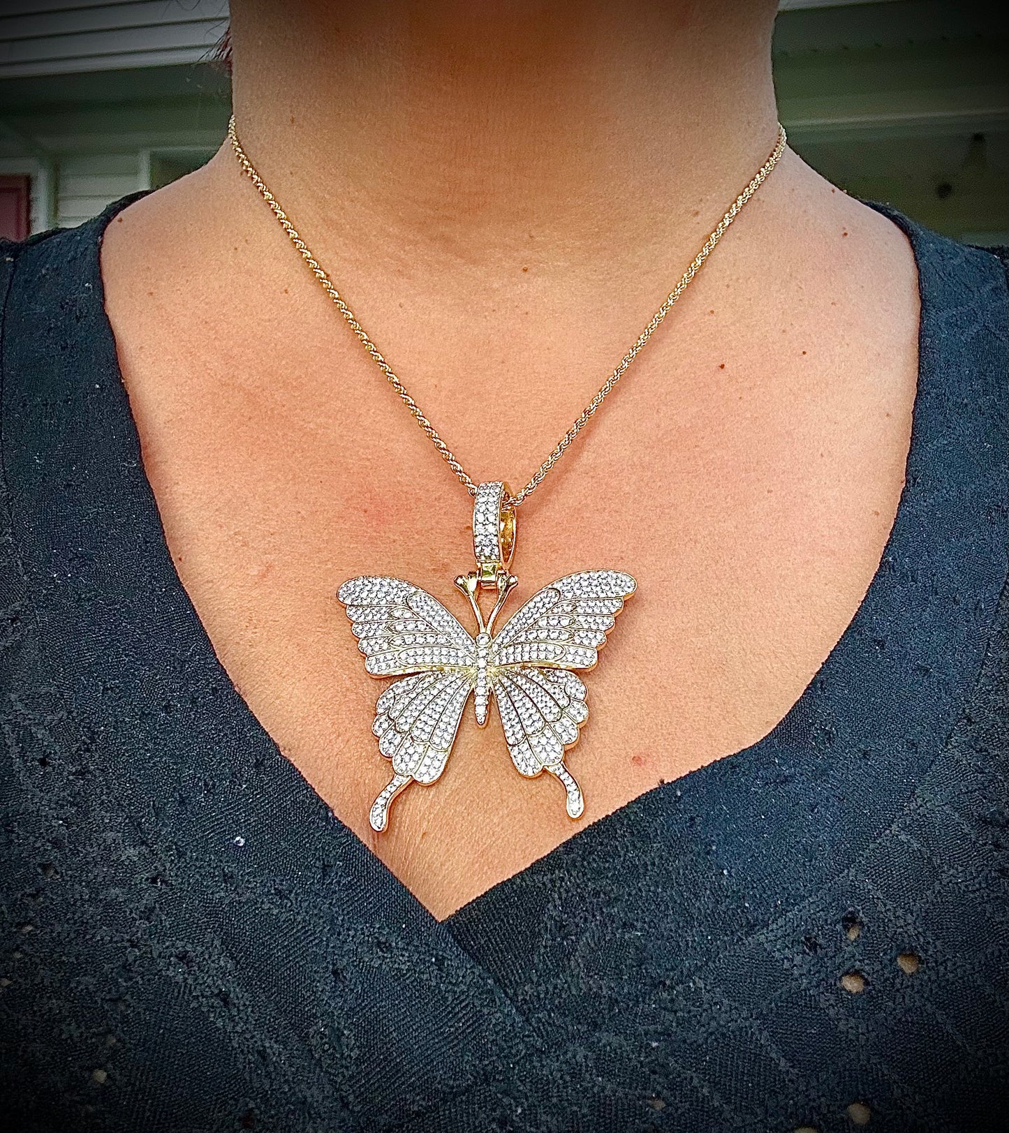 Medium-Sized Iced Out Butterfly Pendant – Gold or Silver