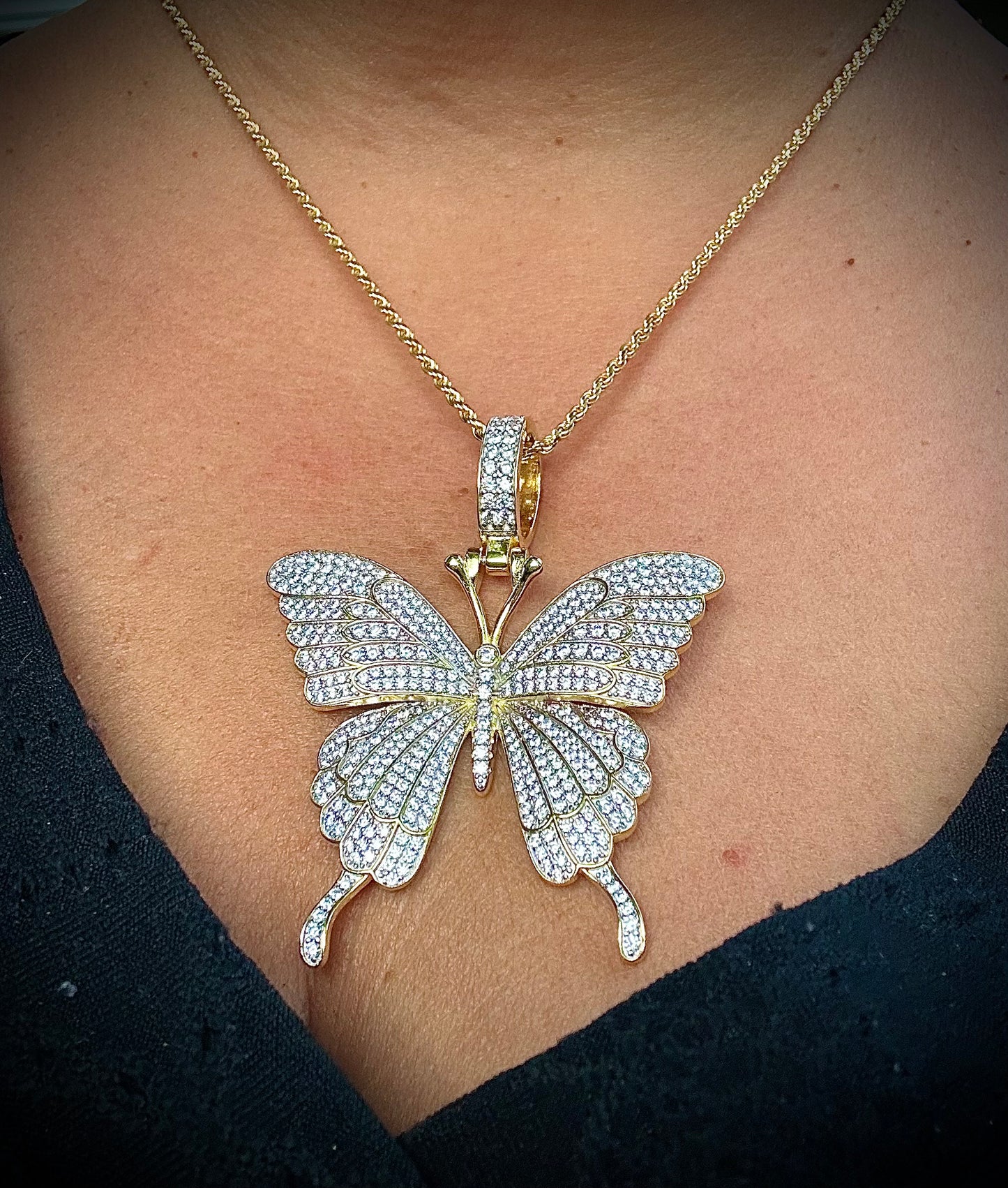 Medium-Sized Iced Out Butterfly Pendant – Gold or Silver