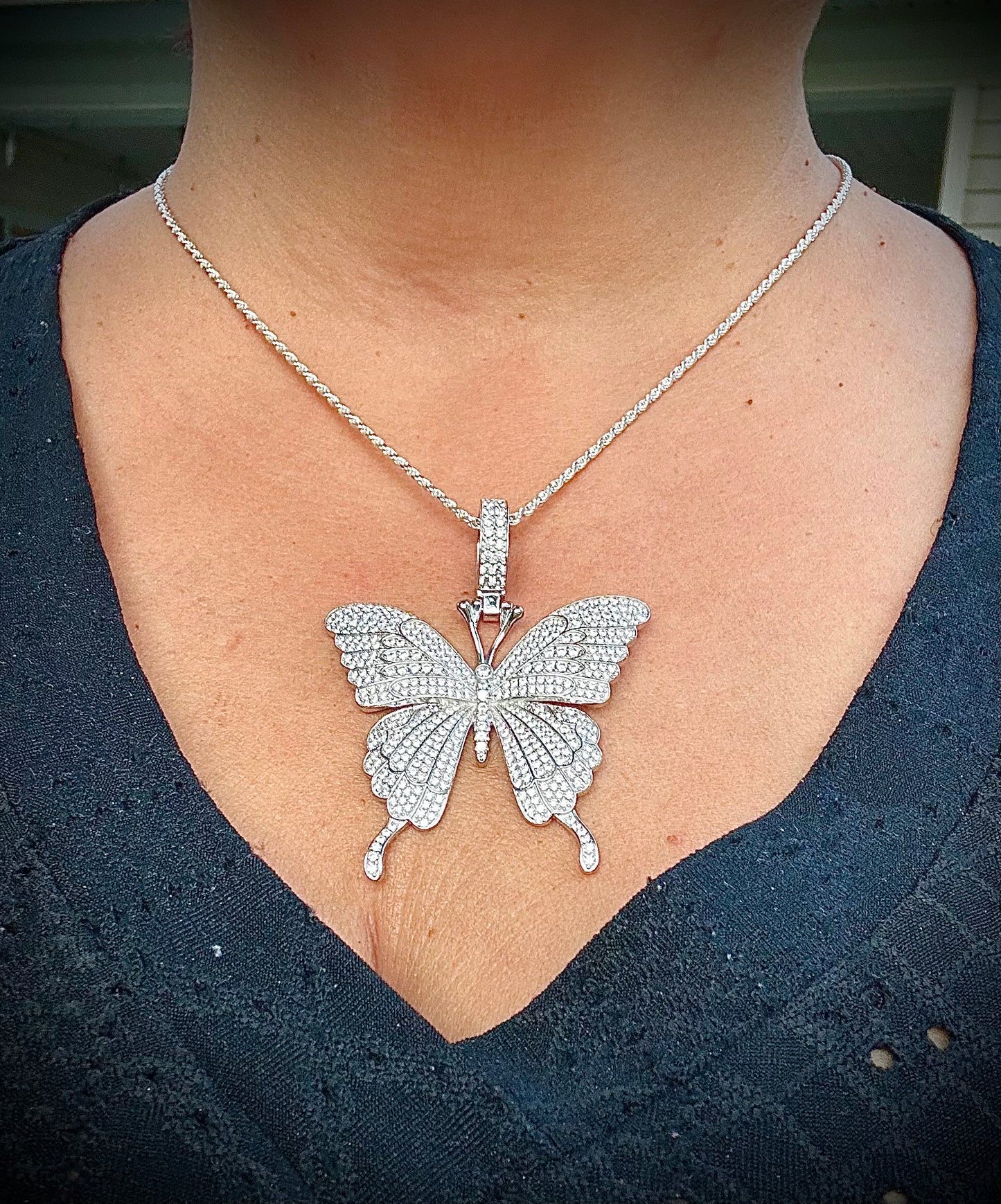 Medium-Sized Iced Out Butterfly Pendant – Gold or Silver