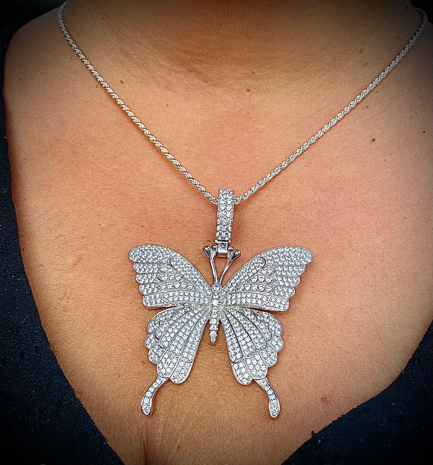 Medium-Sized Iced Out Butterfly Pendant – Gold or Silver