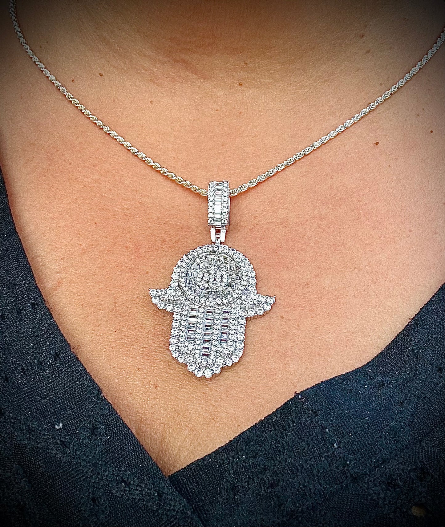 Iced Out Allah Hand of Fatima Hamsa Pendant – Gold or Silver