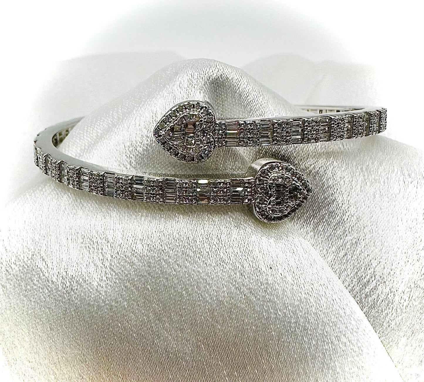 Iced Out Silver Heart Bangle Bracelet – Sterling Silver & CZ