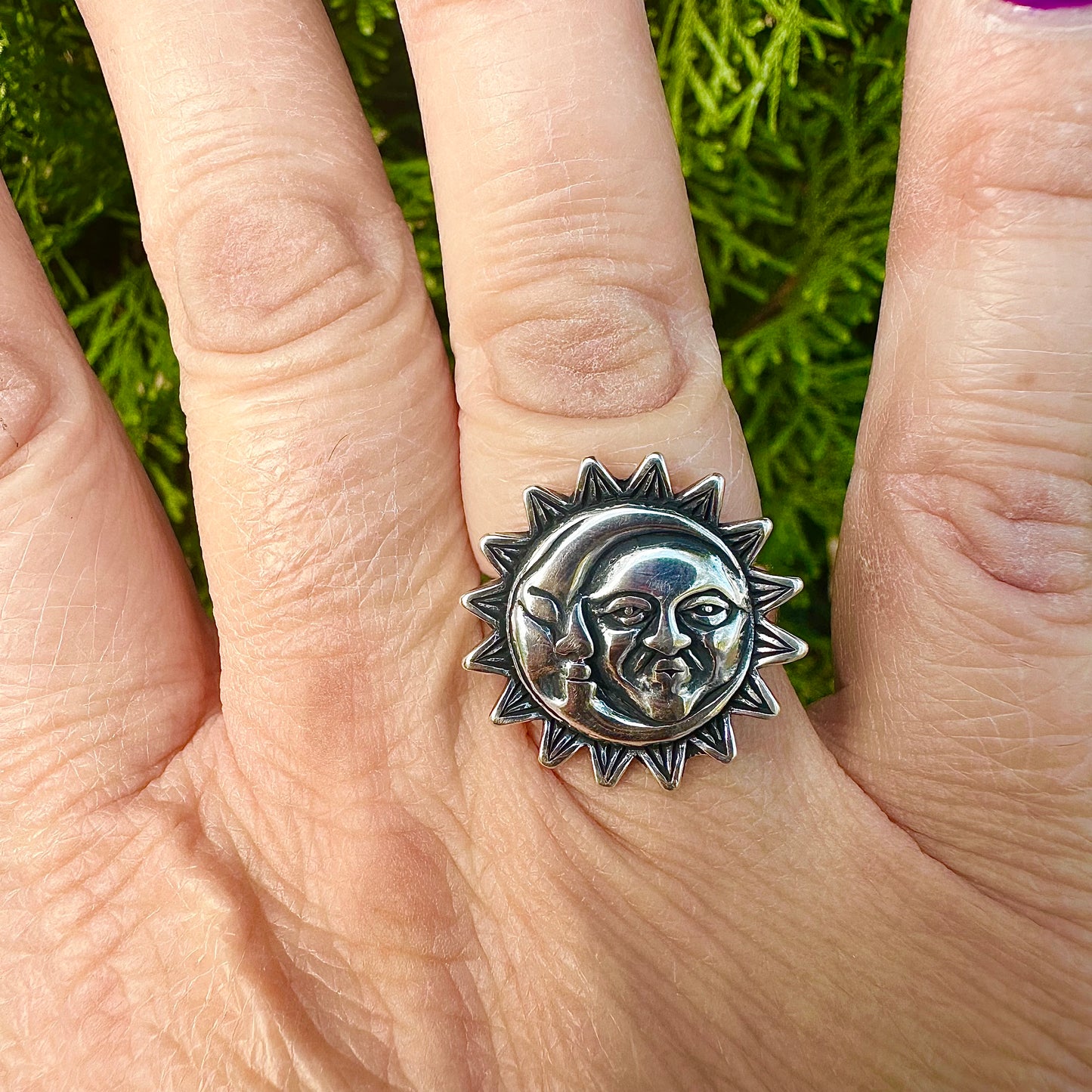 Women's Oxidized Silver Sun & Moon Ring – Sizes 5-10