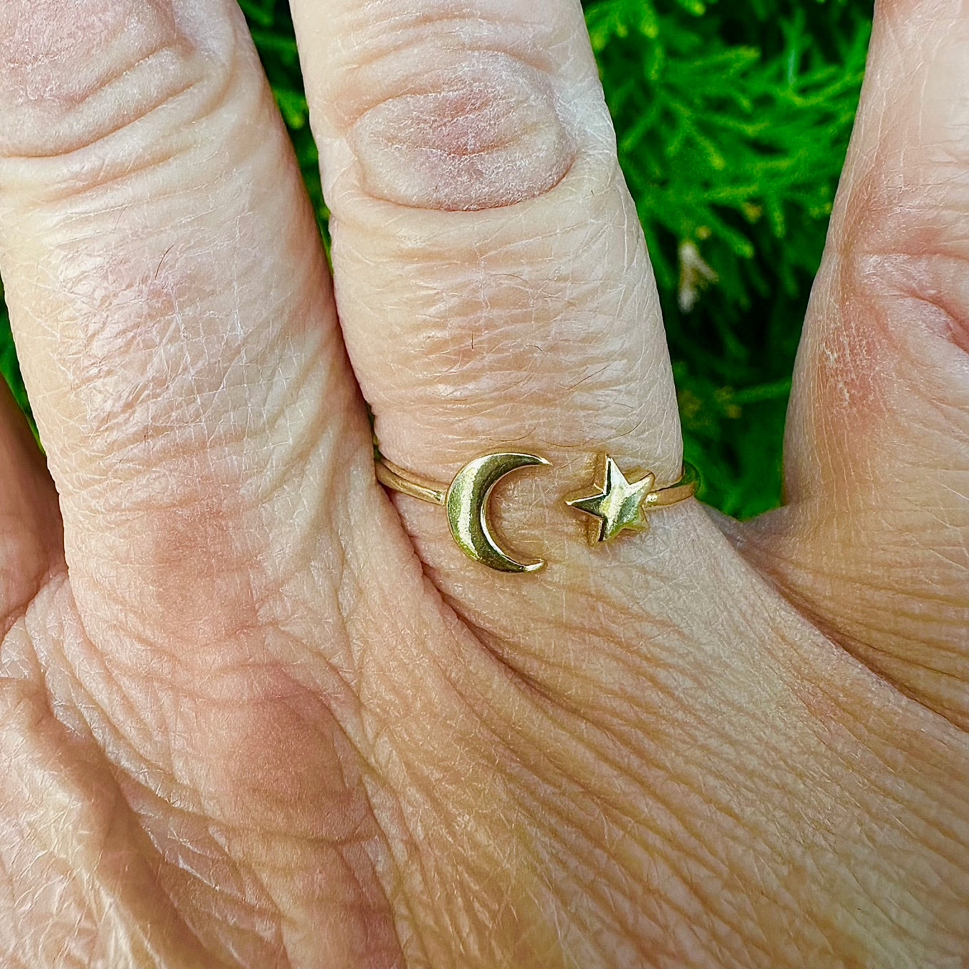 Crescent Moon and Star Ring – 3 Finishes, Sizes 5-10