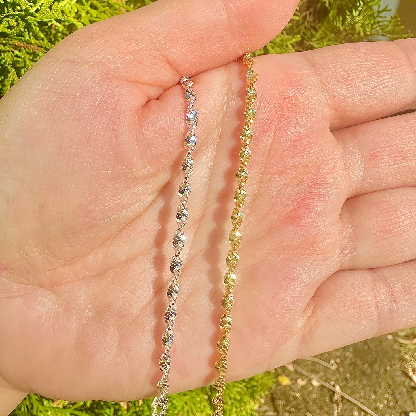Unisex 2.5mm Twisted Singapore Rope Chain Necklace - Solid 925 Sterling Silver or 14k Gold Finish