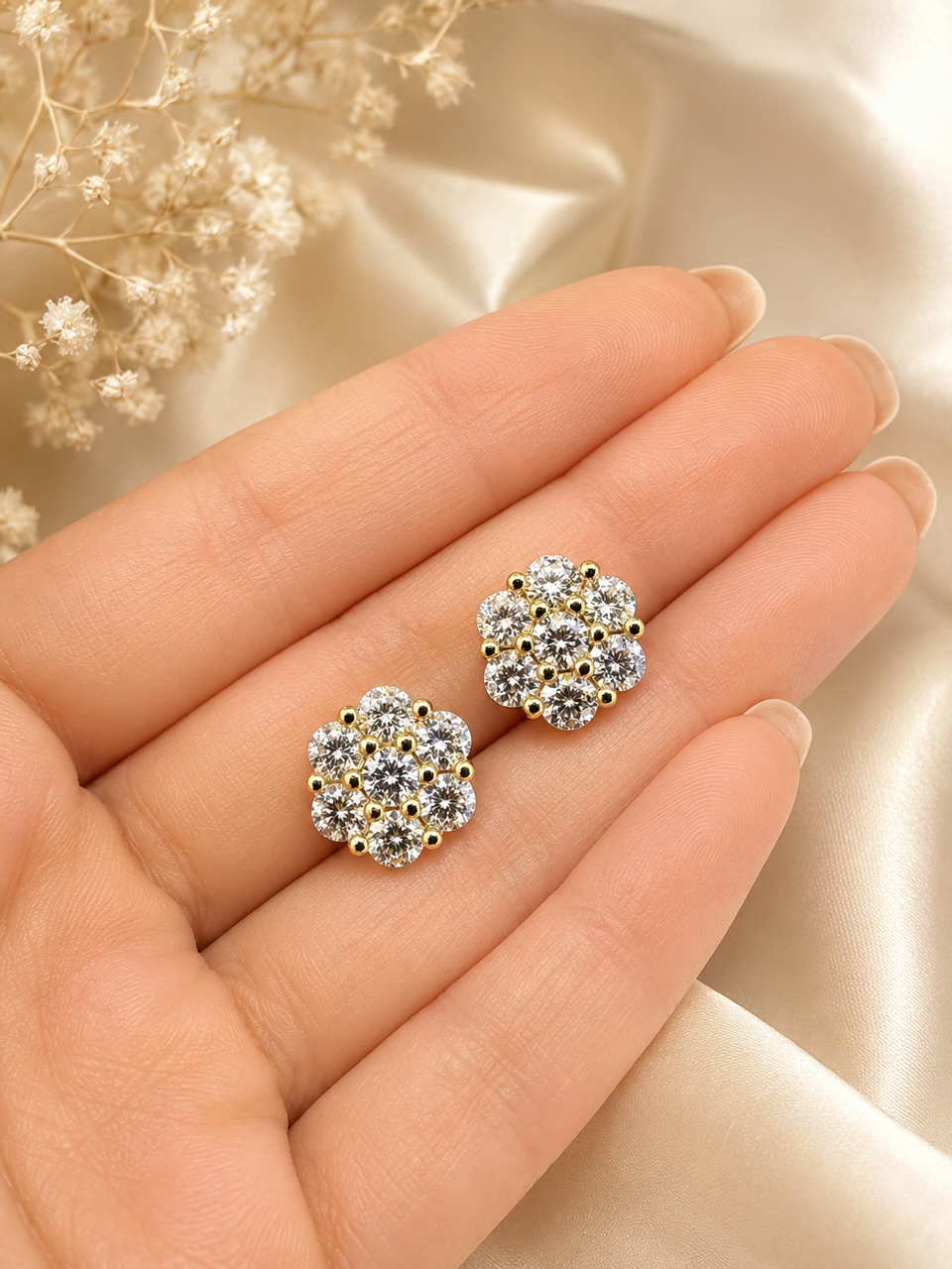 14k Gold Vermeil Over Sterling Silver Moissanite Floral Honeycomb Design Stud Earrings 6mm - 11mm