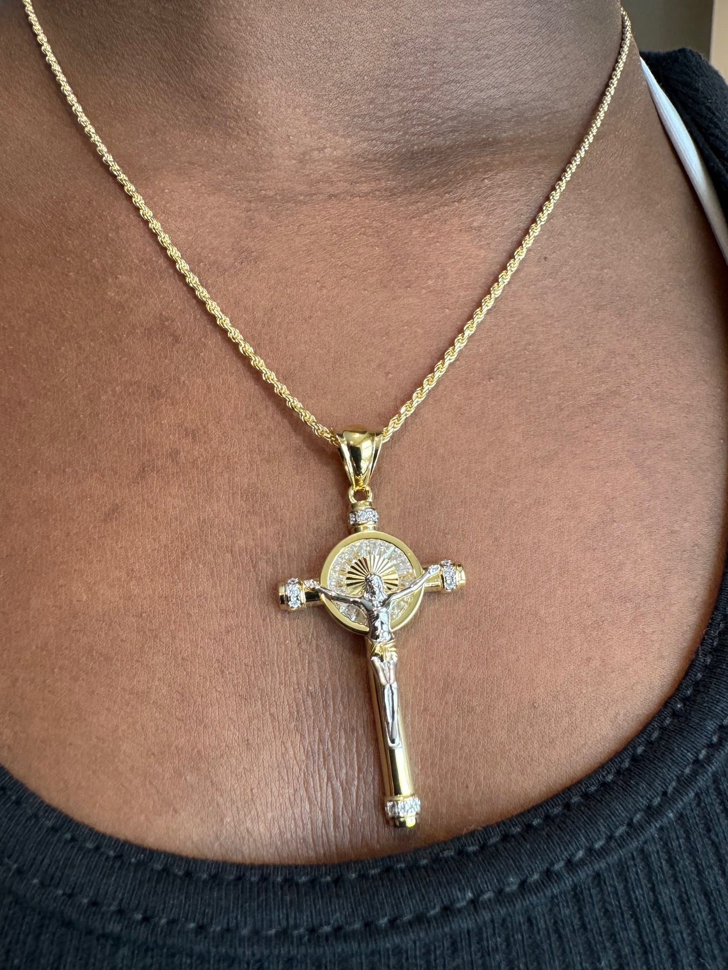 Two-Tone Baguette CZ Crucifix Pendants – Gold/Rose Gold or Gold/Rhodium Finish