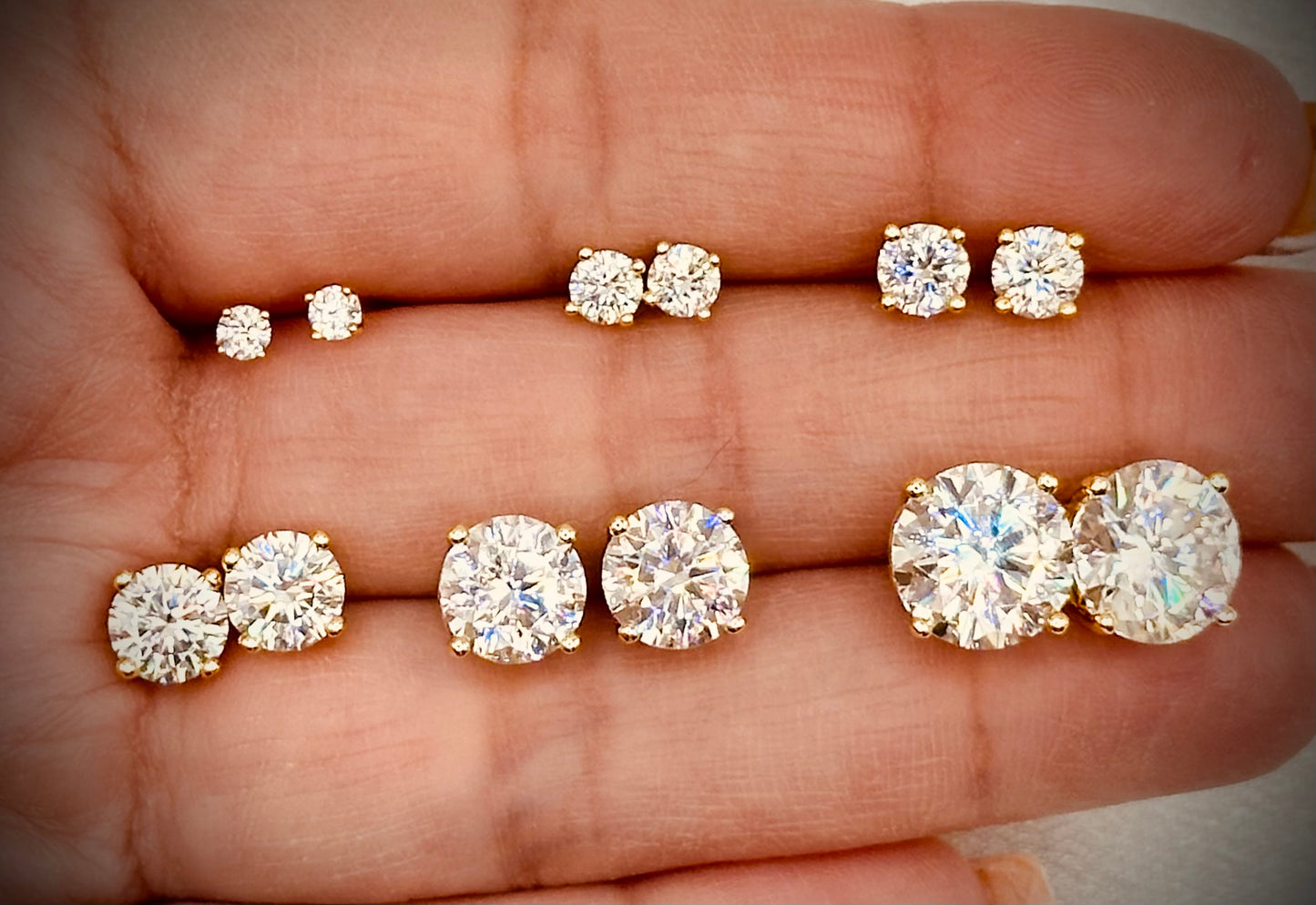 Gold Moissanite stud earrings all sizes 3 to 10mm SCREW BACKS