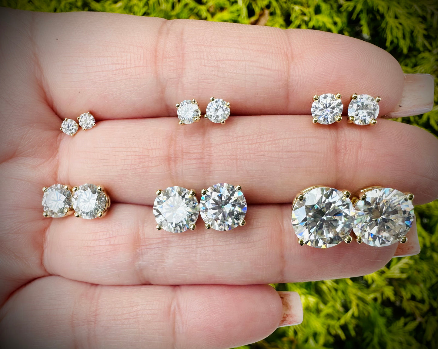 Gold Moissanite stud earrings all sizes 3 to 10mm SCREW BACKS