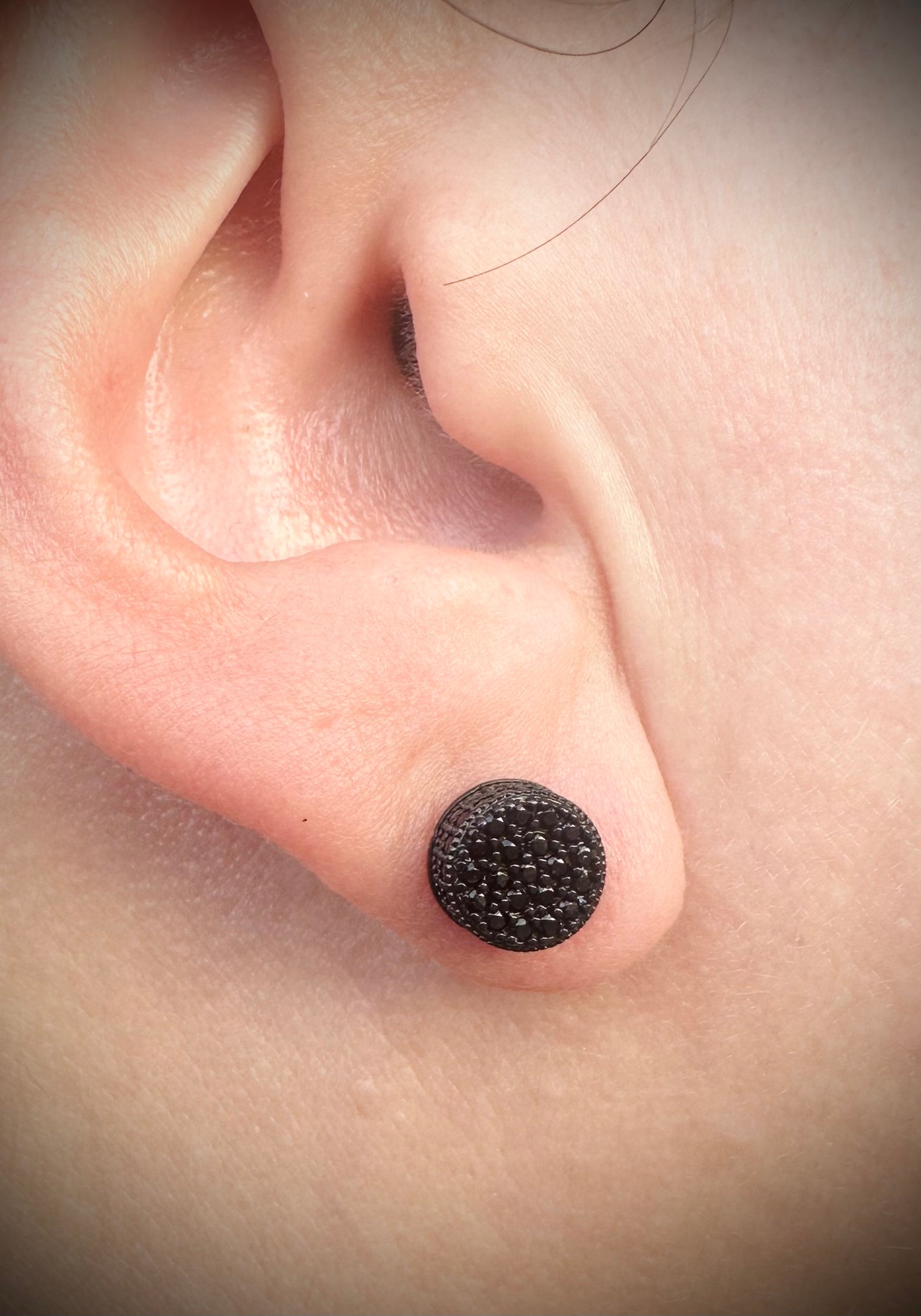 Iced Out Round Black 3D Stud Earrings - Screw Back Closure