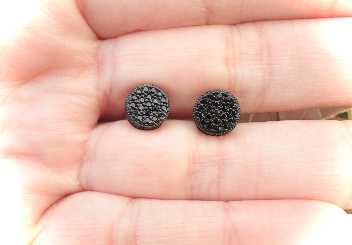 Iced Out Round Black 3D Stud Earrings - Screw Back Closure