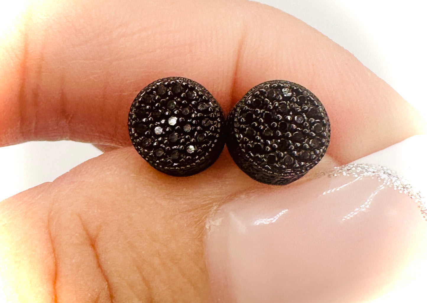 Iced Out Round Black 3D Stud Earrings - Screw Back Closure