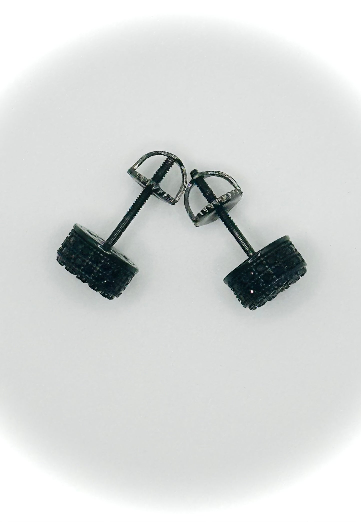 Iced Out Round Black 3D Stud Earrings - Screw Back Closure