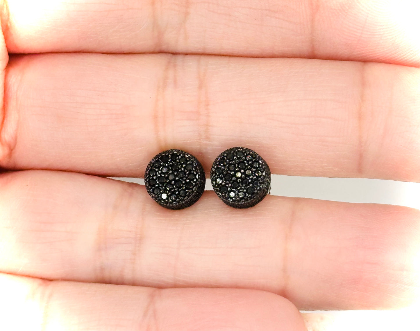 Iced Out Round Black 3D Stud Earrings - Screw Back Closure