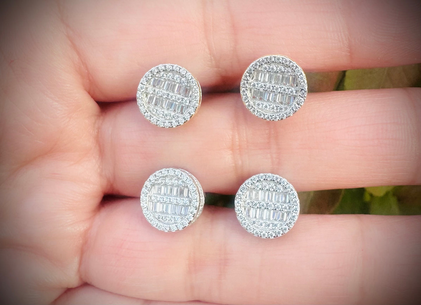 Round Baguette Stud Earrings - Screw Back Closure