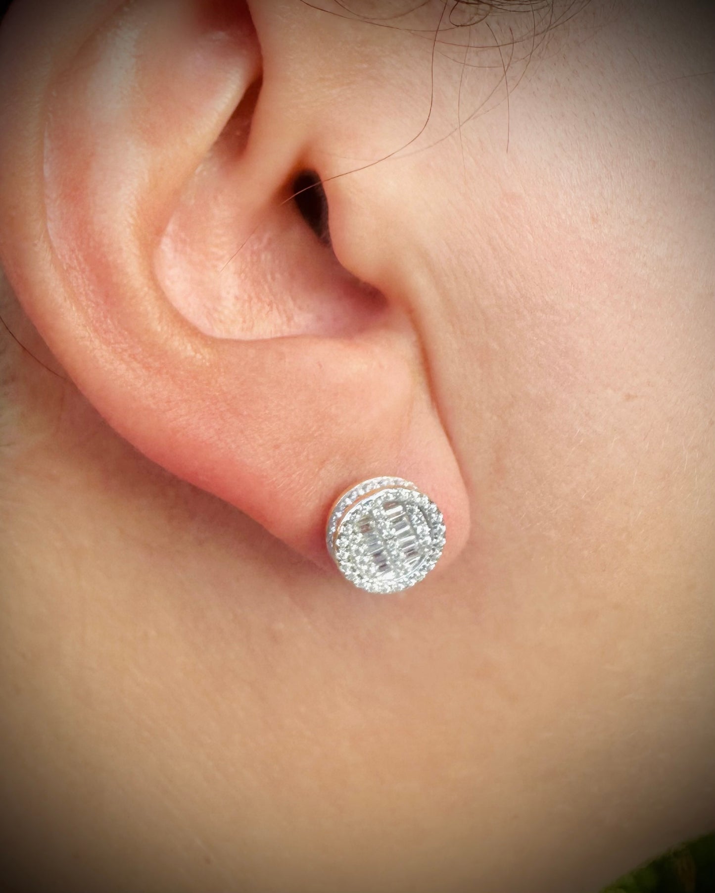 Round Baguette Stud Earrings - Screw Back Closure