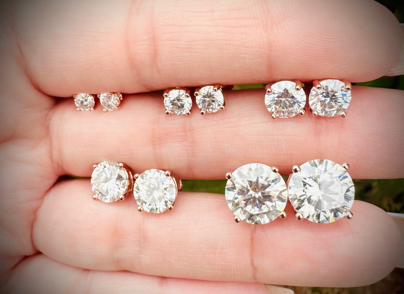 Rose Gold Moissanite stud earrings sizes 4mm to 10mm SCREW BACKS