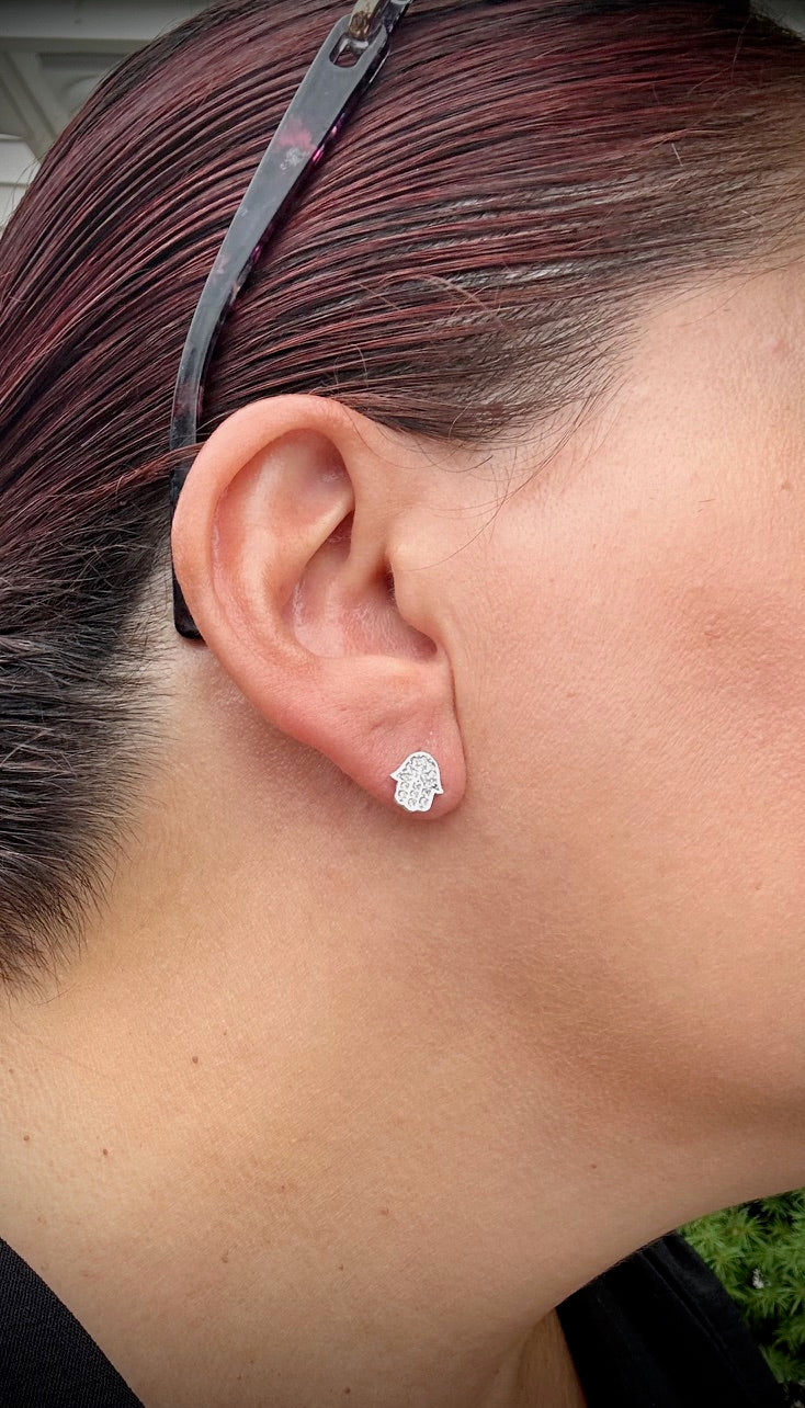 Silver Hamsa Hand Stud Earrings – Push Backs