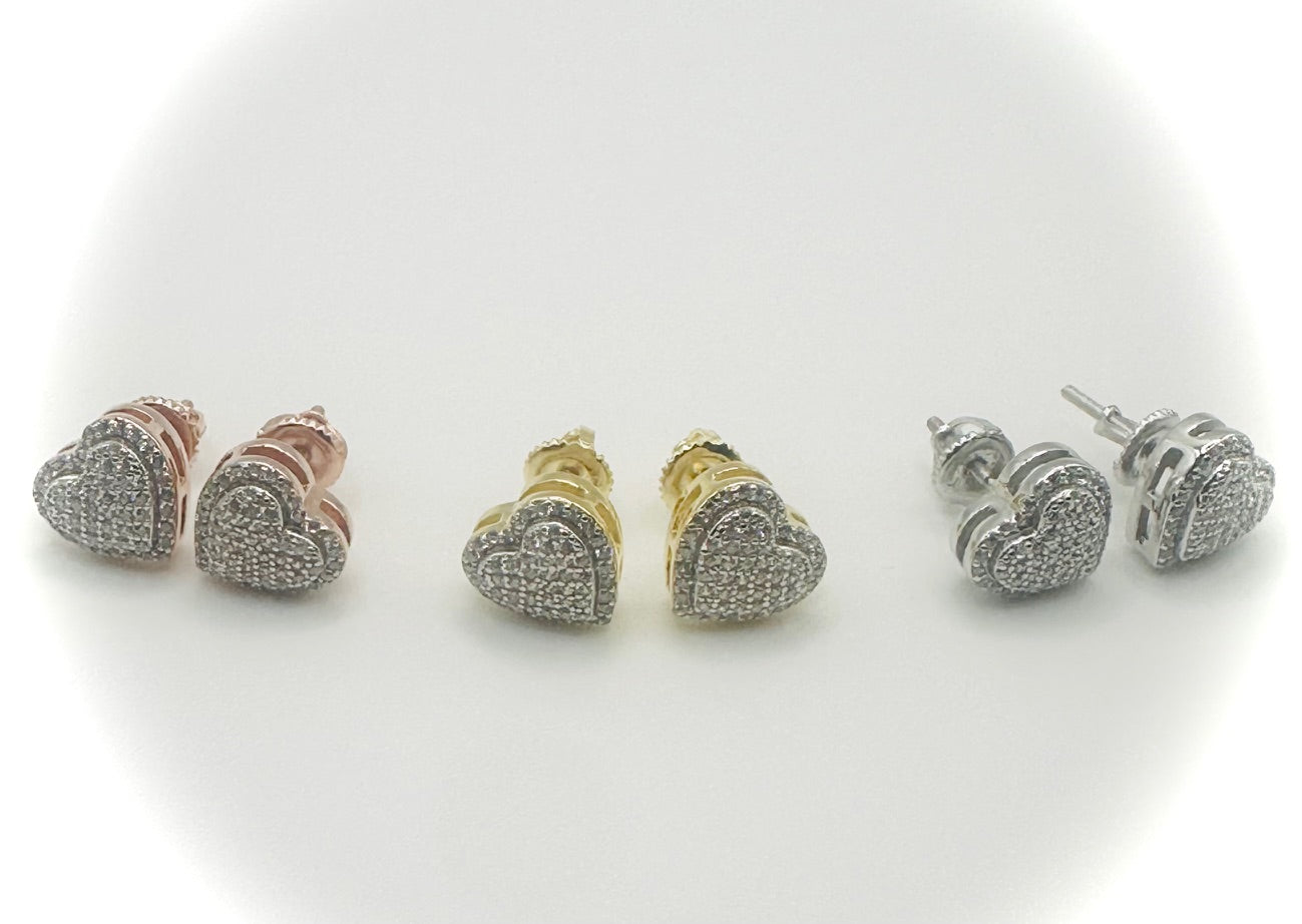 Iced Out Heart Stud Earrings – Rhodium, 14k Gold, or Rose Gold Finish