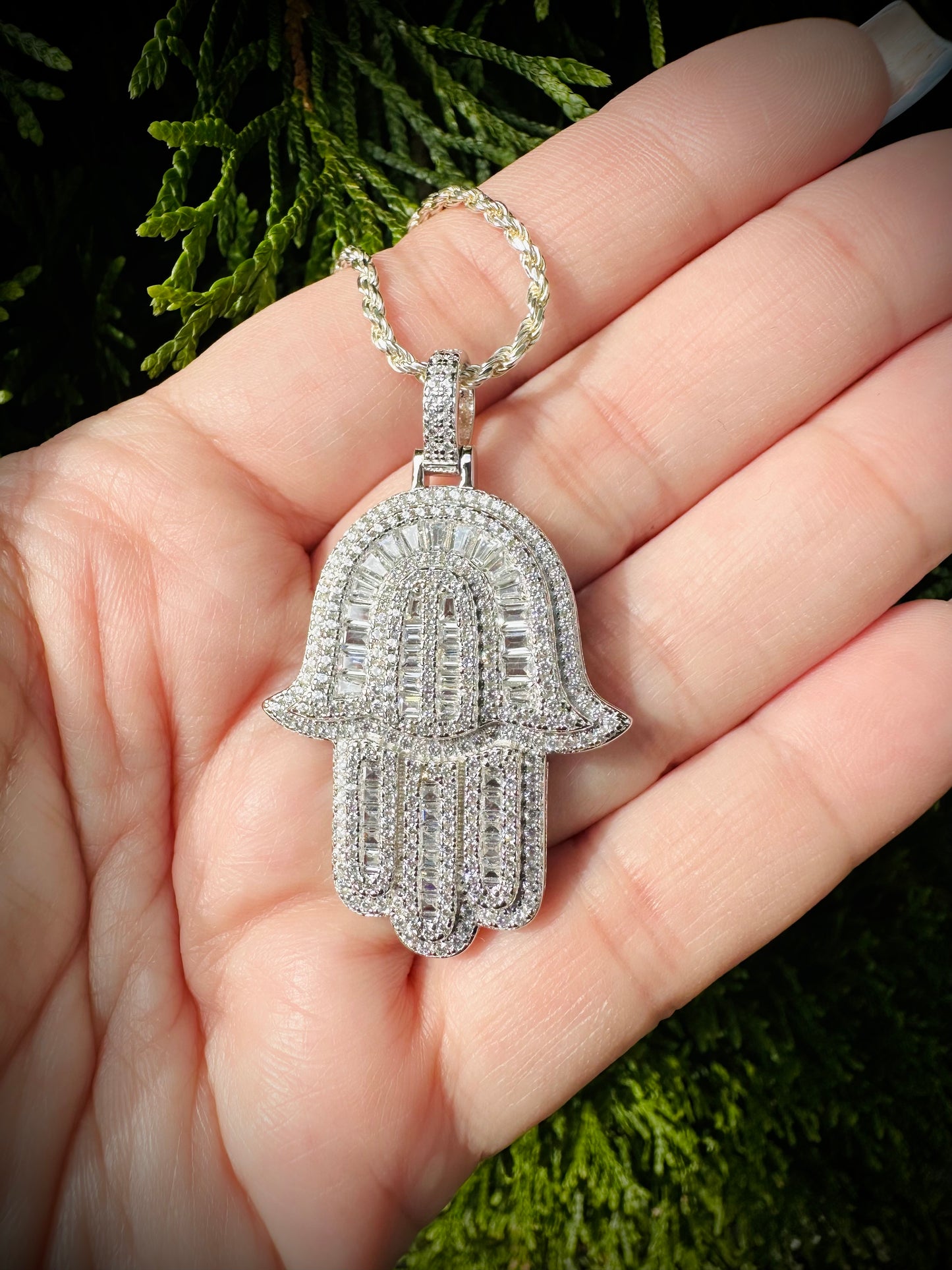 Rhodium Baguette CZ Hamsa Pendant – Iced Out Hand of God