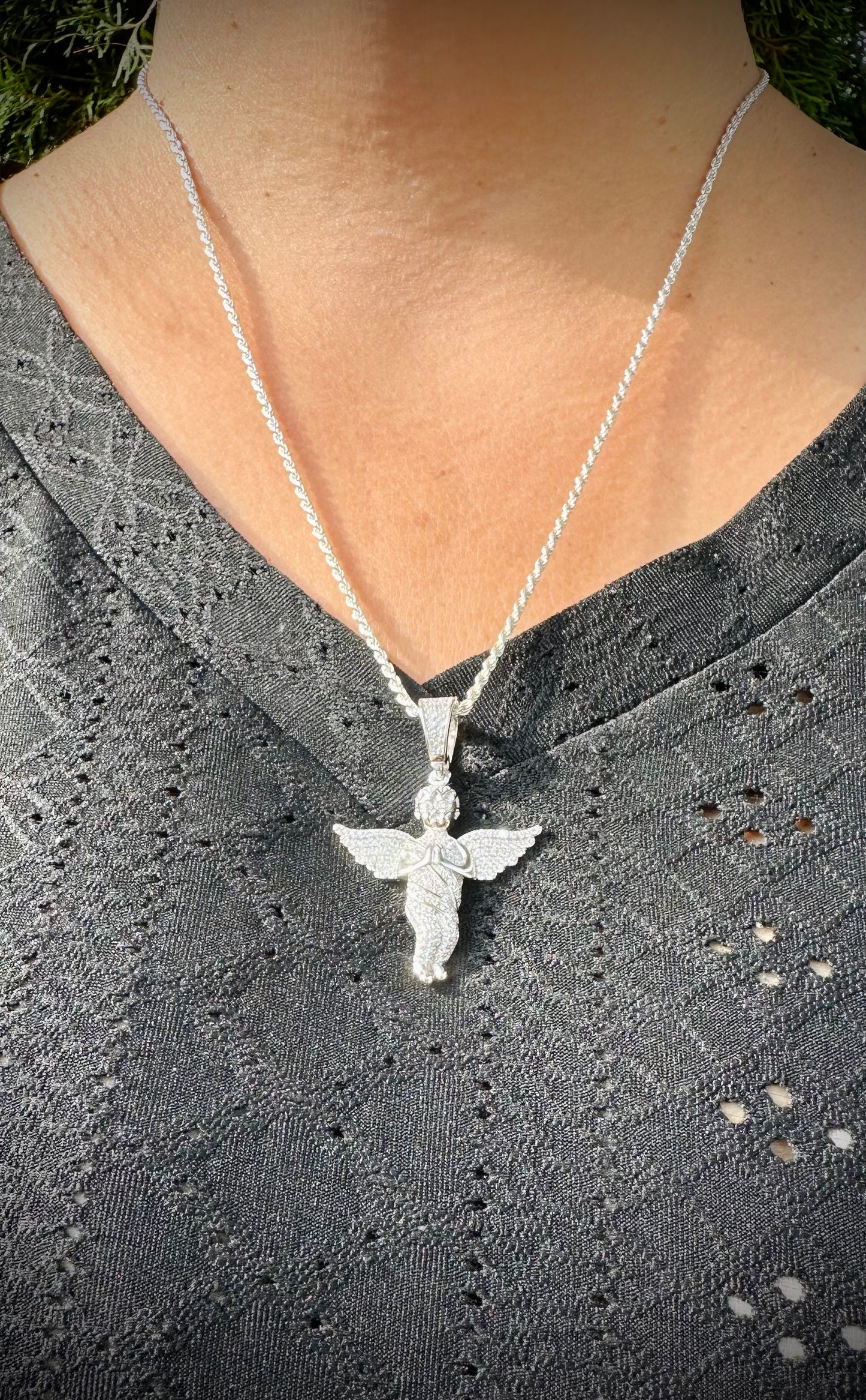 Iced Out Guardian Angel Pendant – Rhodium CZ