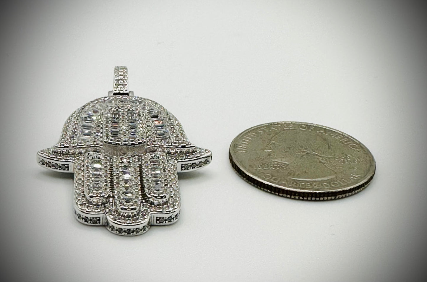 Rhodium Baguette CZ Hamsa Pendant – Iced Out Hand of God