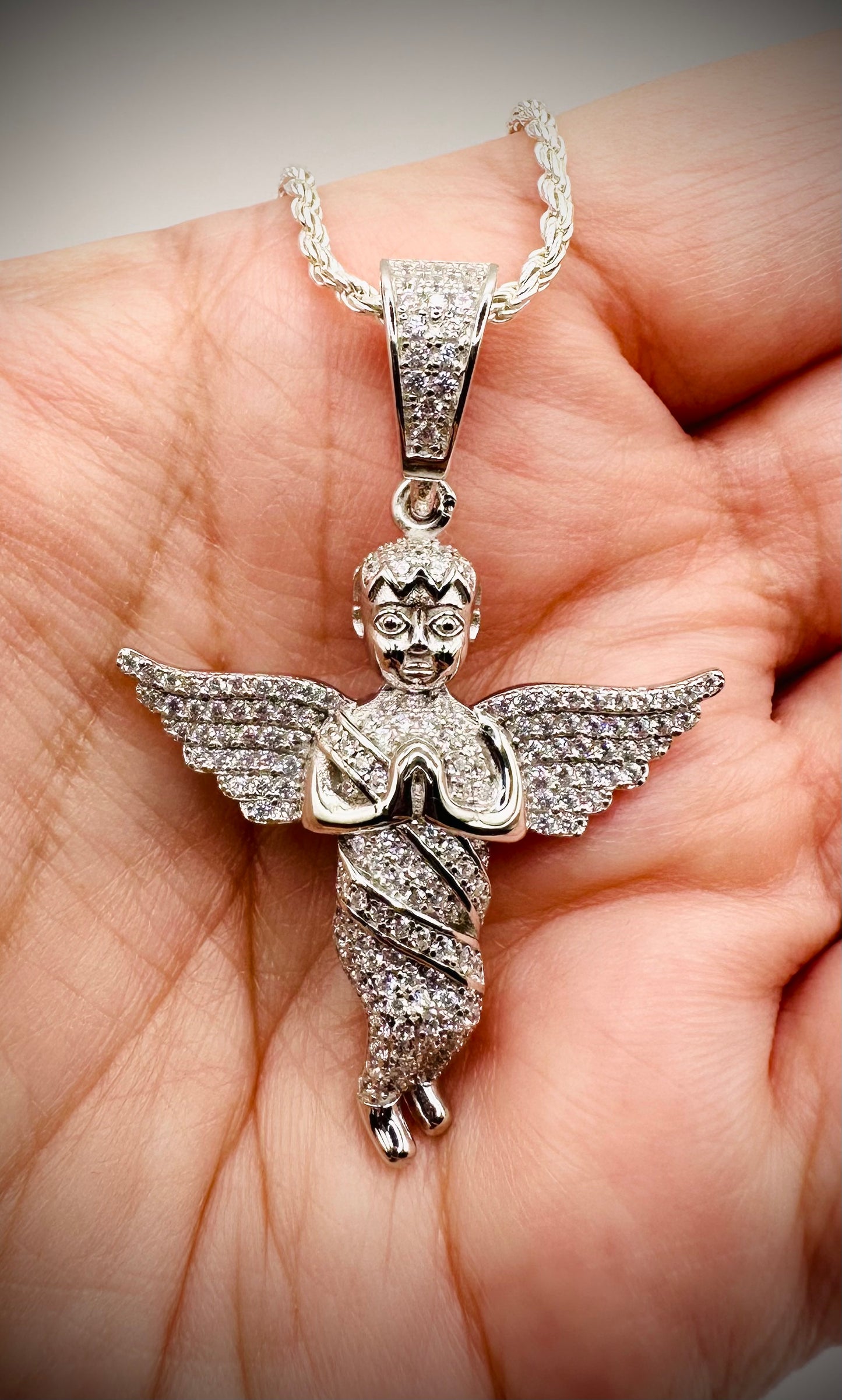 Iced Out Guardian Angel Pendant – Rhodium CZ