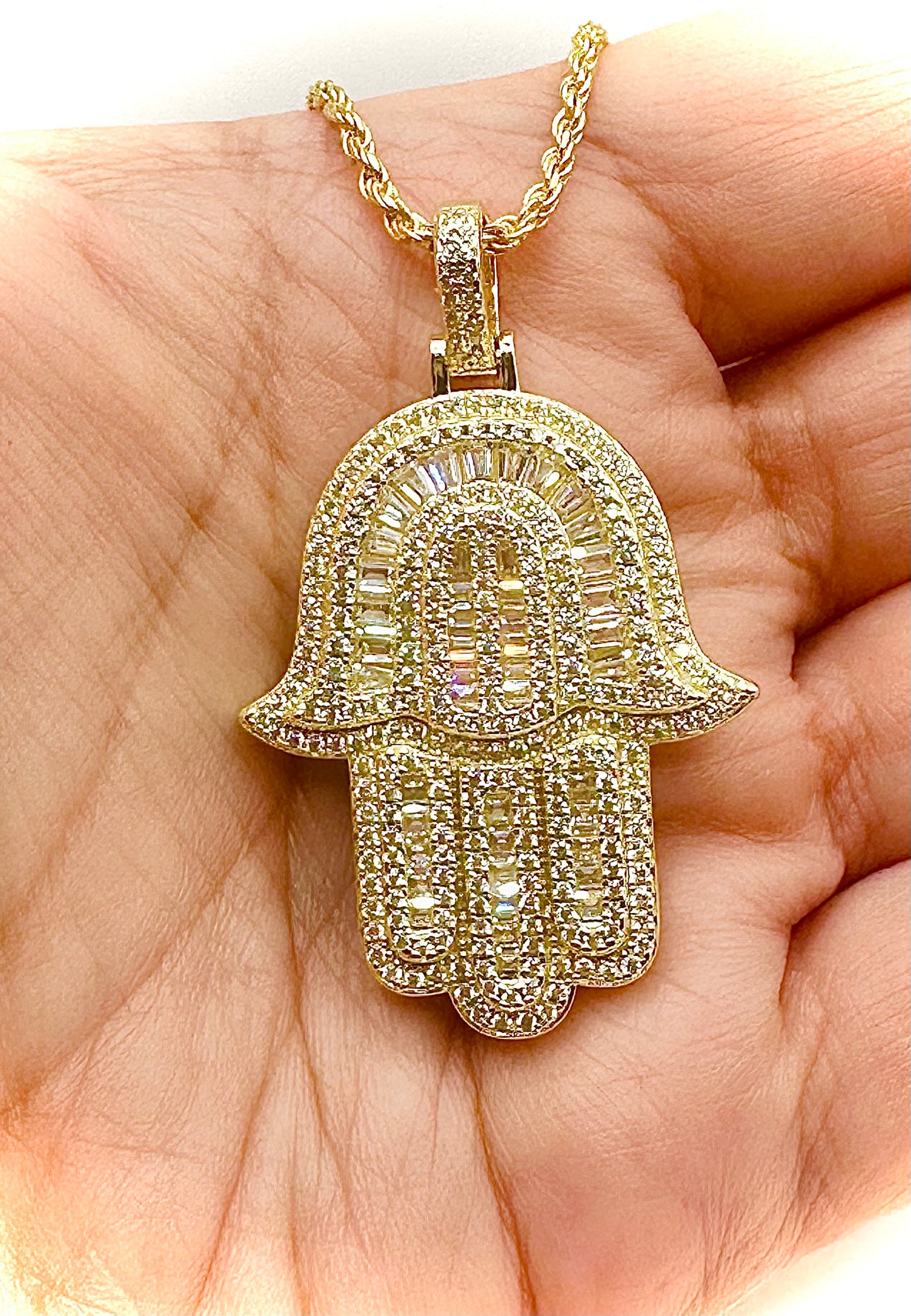 Gold Baguette CZ Iced Out Hamsa Pendant