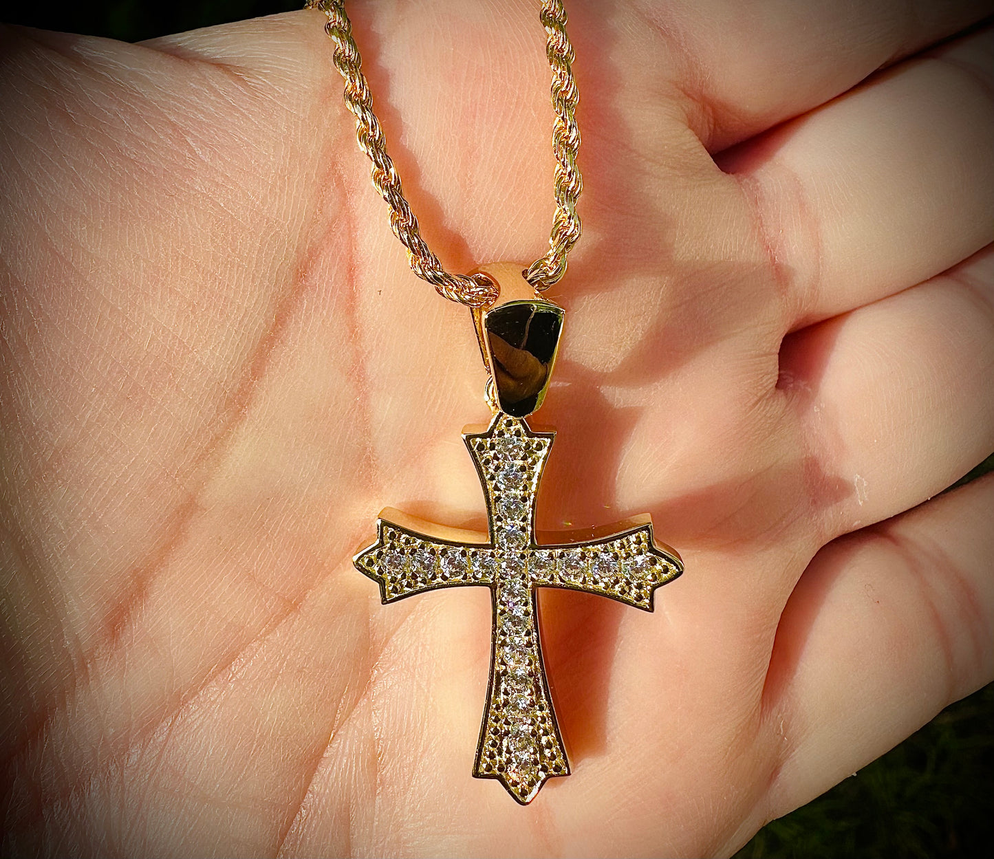 Gold Gothic Iced Out Cross Pendant