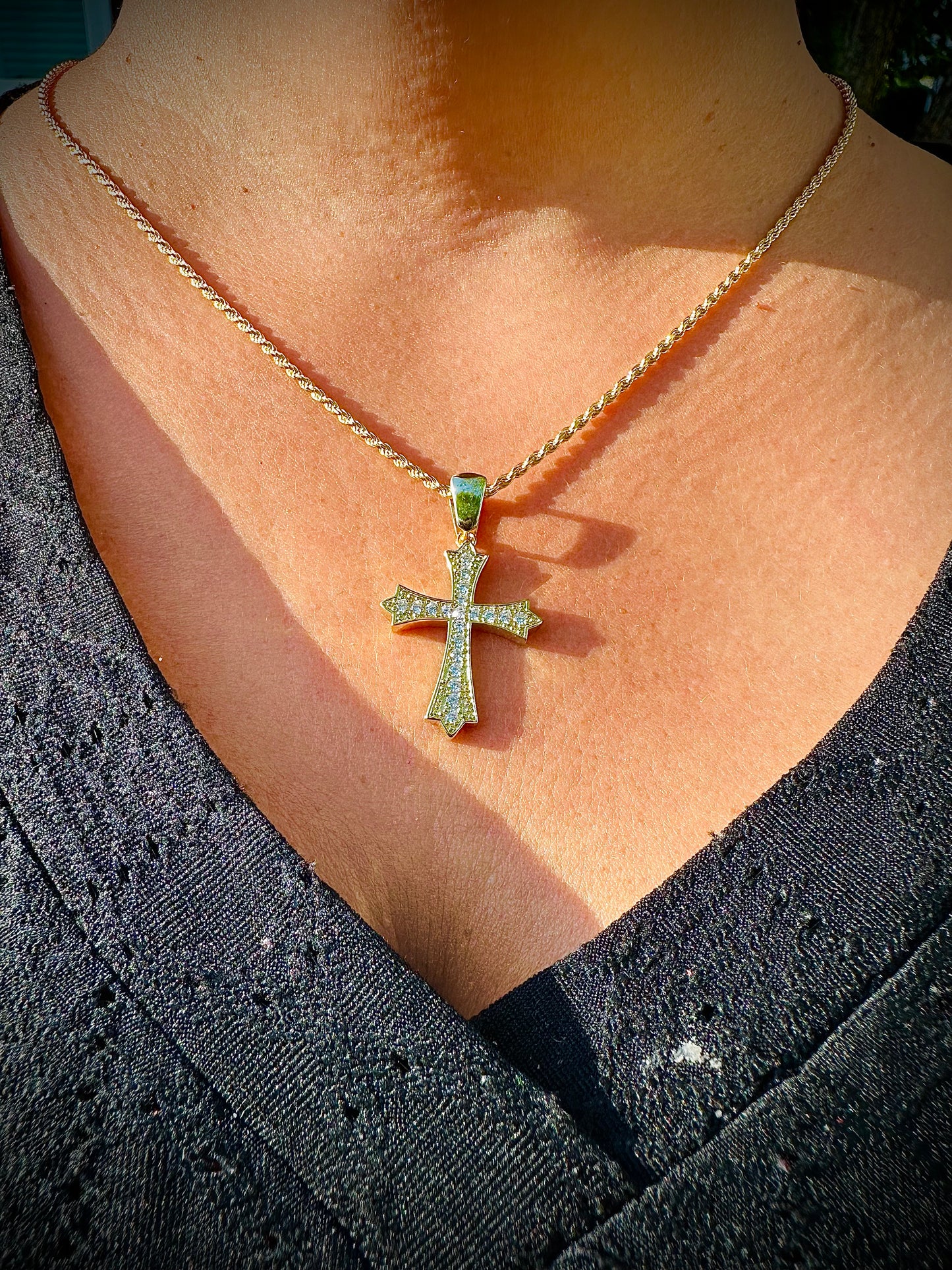 Gold Gothic Iced Out Cross Pendant
