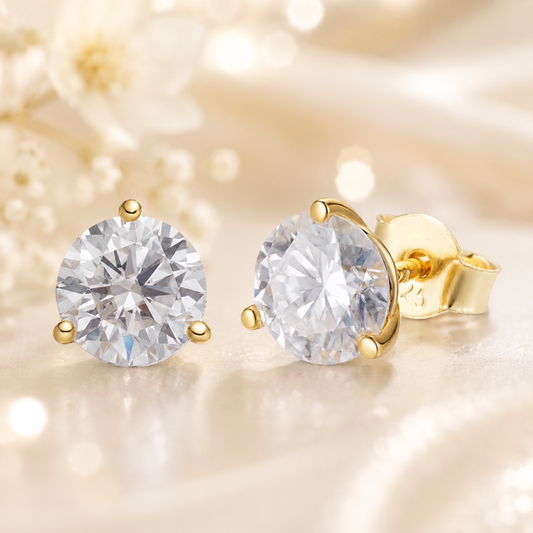Gold Over Sterling Silver Moissanite 3 Prong Martini Set Solitaire Stud Earrings 3mm to 10mm PUSH BACKS
