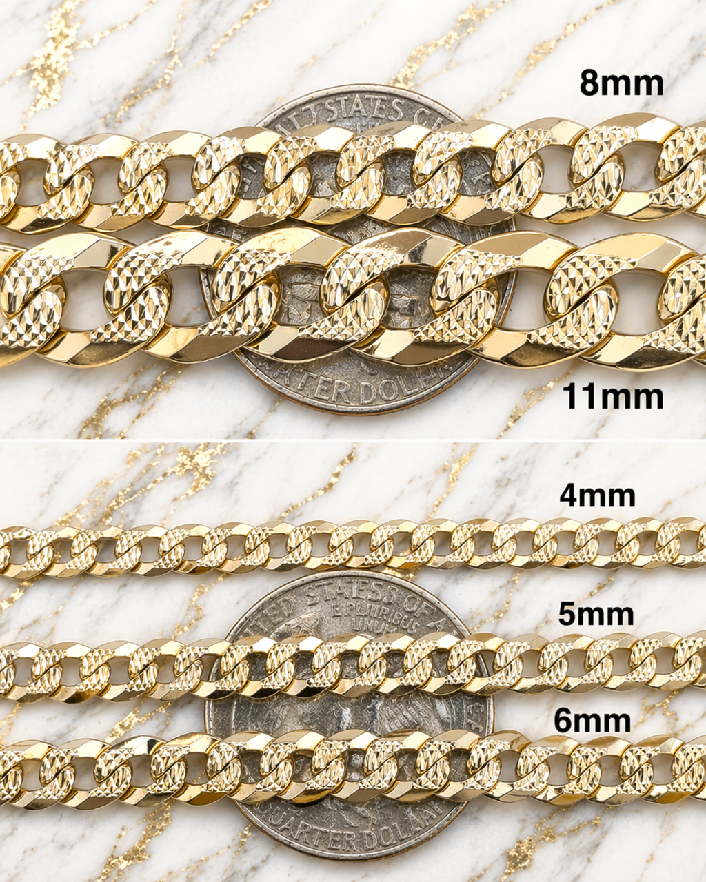 Diamond Cut FLAT Curb Cuban Chains 14k Gold Finish over Solid 925 Sterling Silver 3mm to 10.5mm