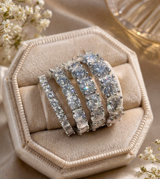 Moissanite Eternity Wedding Bands 925 Sterling Silver~Rhodium Finish, 2mm to 5mm