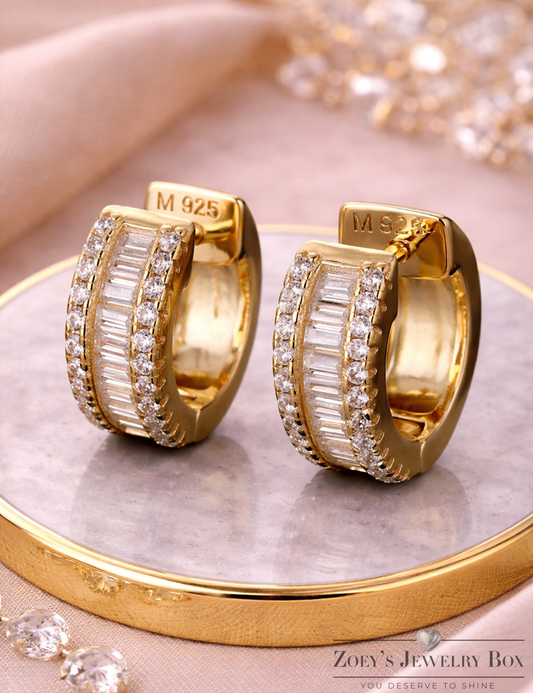 Baguette Moissanite 12mm Huggie Hoop Earrings 14k Gold Vermeil Over 925 Sterling Silver