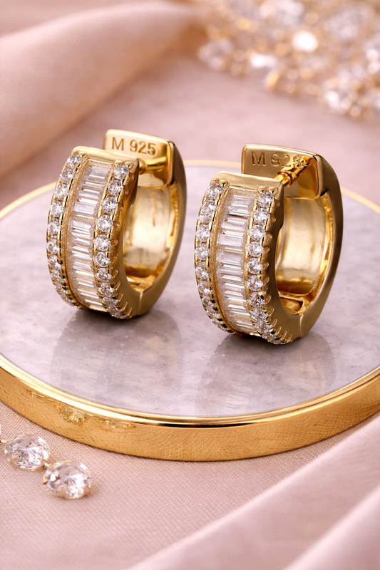 Baguette Moissanite 12mm Huggie Hoop Earrings 14k Gold Vermeil Over 925 Sterling Silver