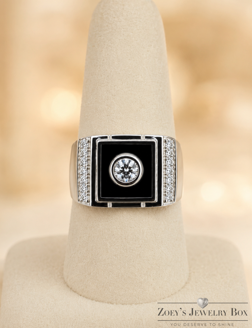 Silver Moissanite Onyx Solitaire Ring