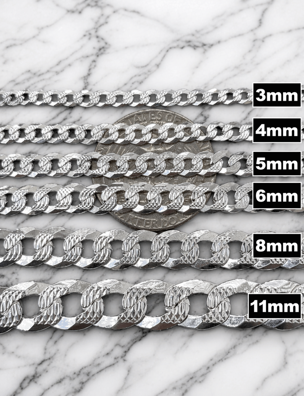 Diamond Cut FLAT Curb Cuban Chains Solid 925 Sterling Silver 3mm to 10.5mm