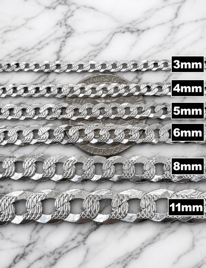 Diamond Cut FLAT Curb Cuban Chains Solid 925 Sterling Silver 3mm to 10.5mm
